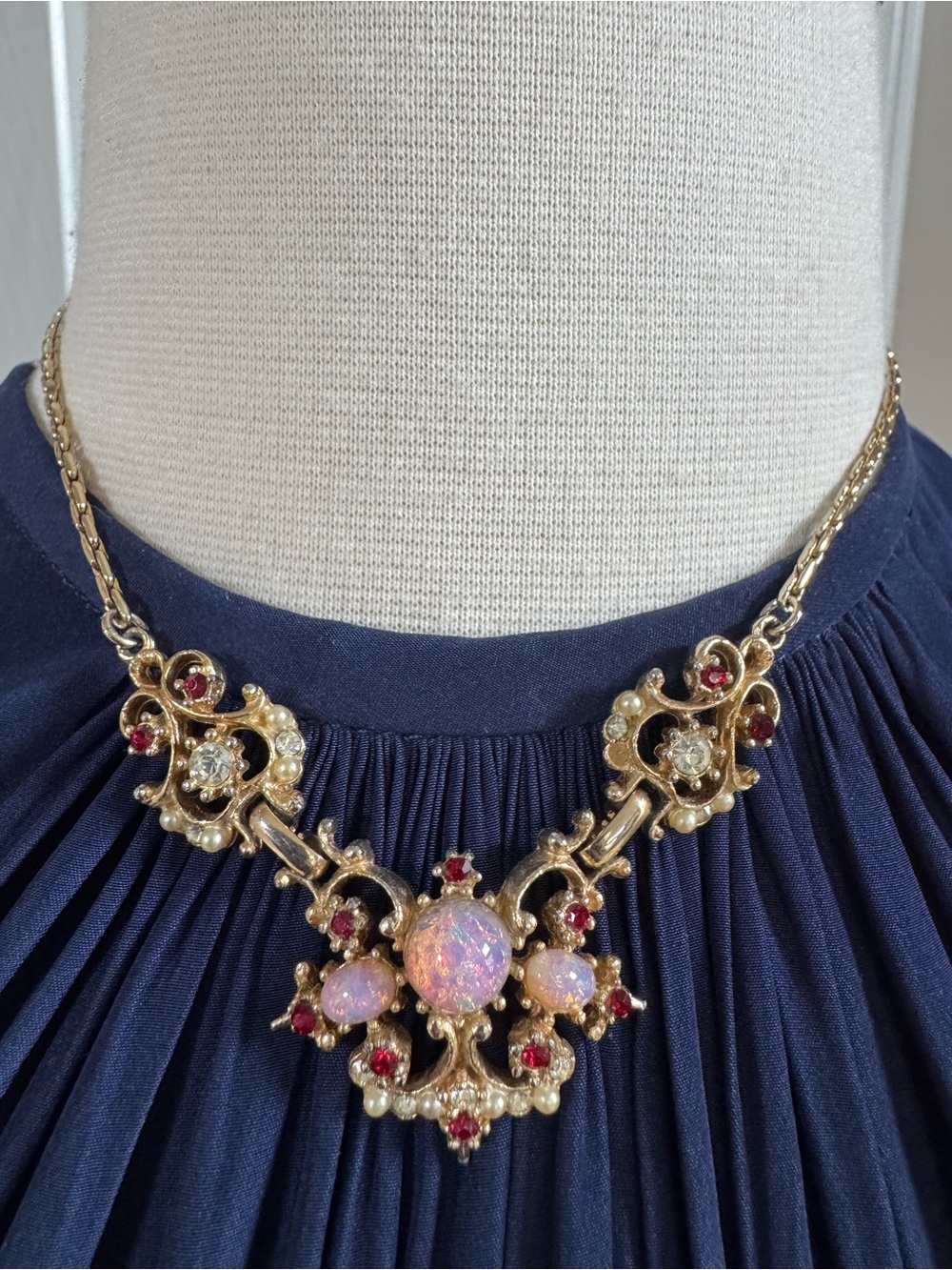 Gold-Tone Pink Opal & Red Crystal Statement Necklace